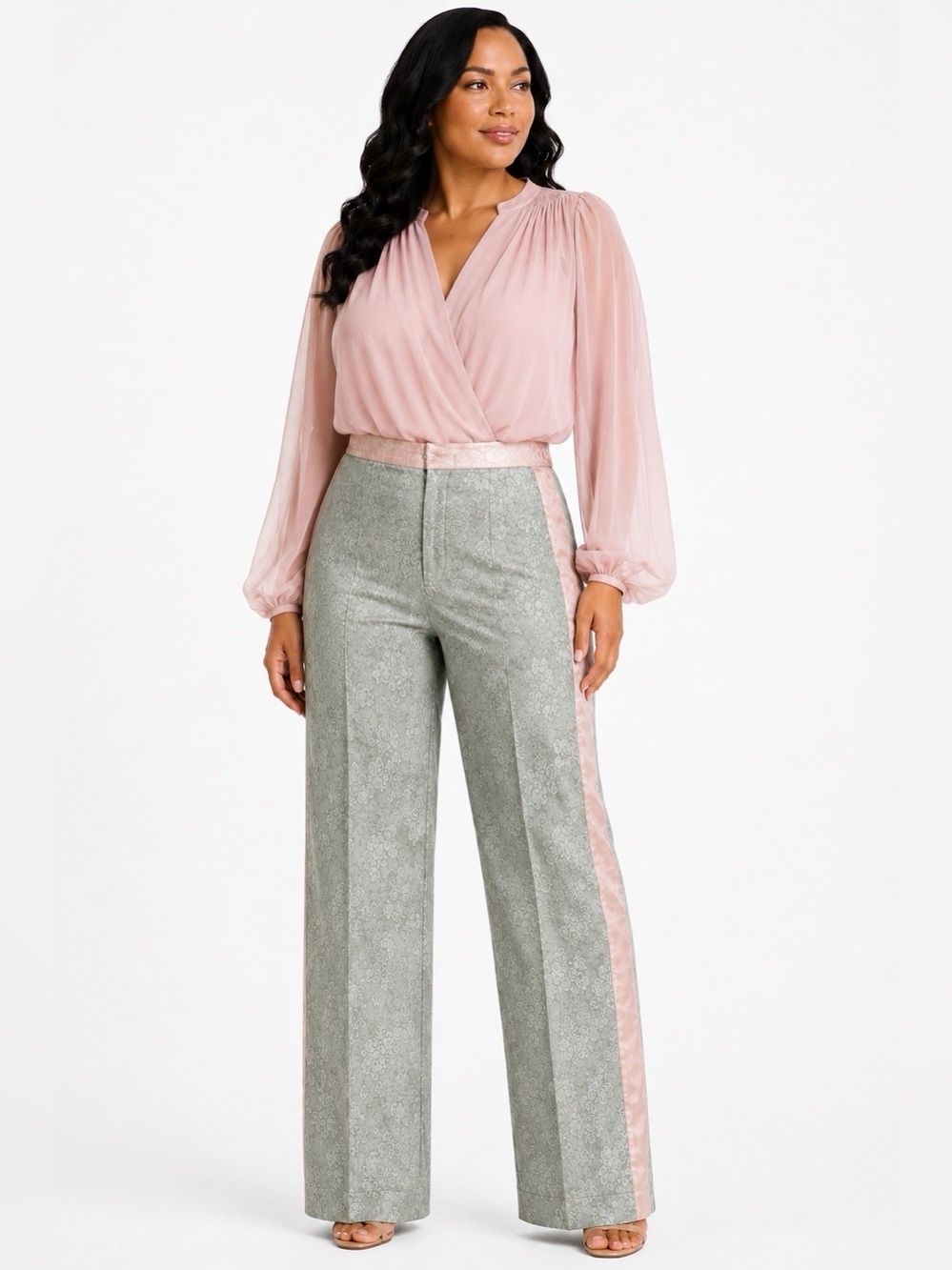Zara Sage Green, Pink & White Jacquard Textured Pants with Sheer Pink Panels L
